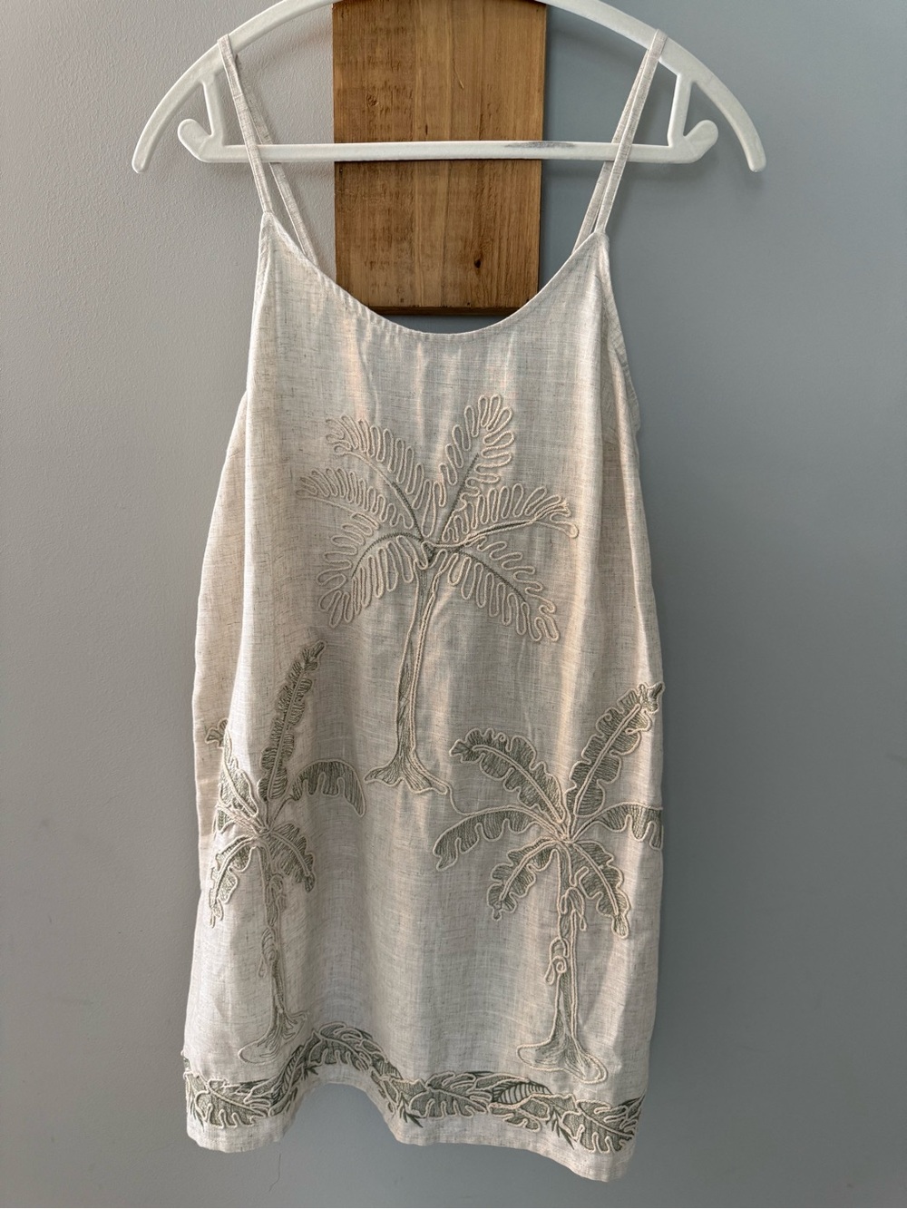 Embroidered Palm Tree Linen Slip Dress - Light Beige w Soft Green Hues, S, NWTs